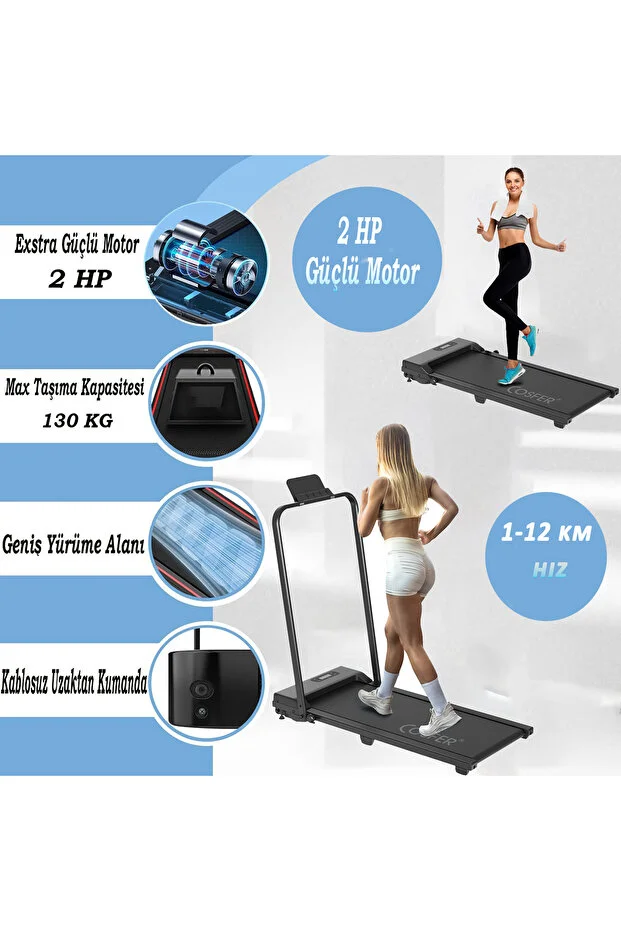 Cosfer Güçlü 2 Hp Yürüyüş Ve Koşu Bandı Katlanabilen 130 Kilo Taşıma Kapasiteli 1-12 Km Hız Kumandalı